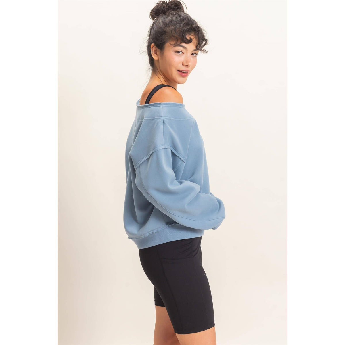 Off The Shoulder Sweatshirt: DUSTY BLUE