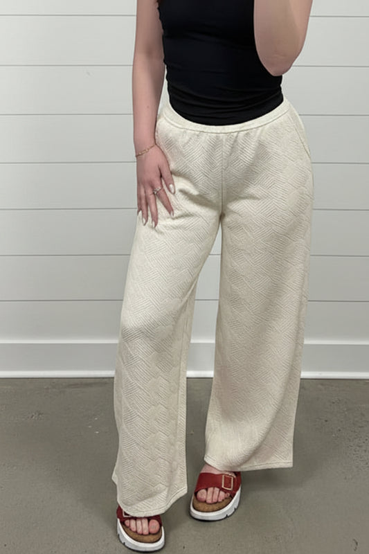 Cream Textured Wide Leg Pants | High Rise Trousers