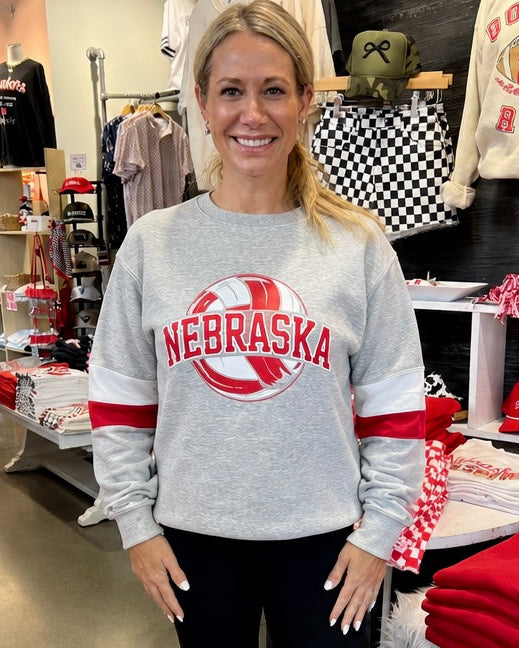 Nebraska Volleyball Varsity Stripe Grey Crewneck