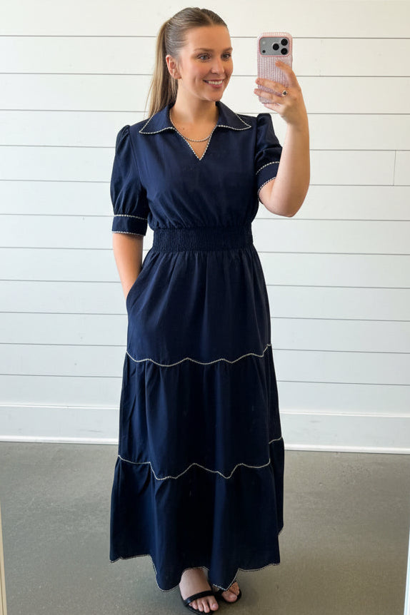 Smocked Waist Navy Dress