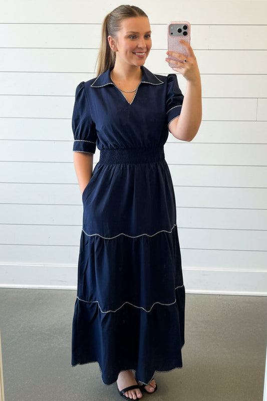 Smocked Waist Navy Dress