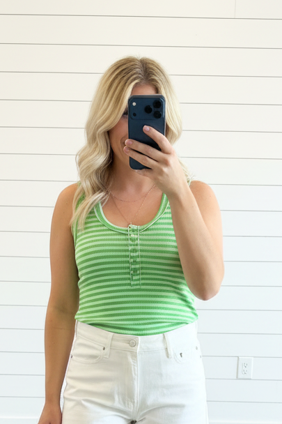 Striped Button Down Fitted Knit Tank Top: BRIGHT GREEN