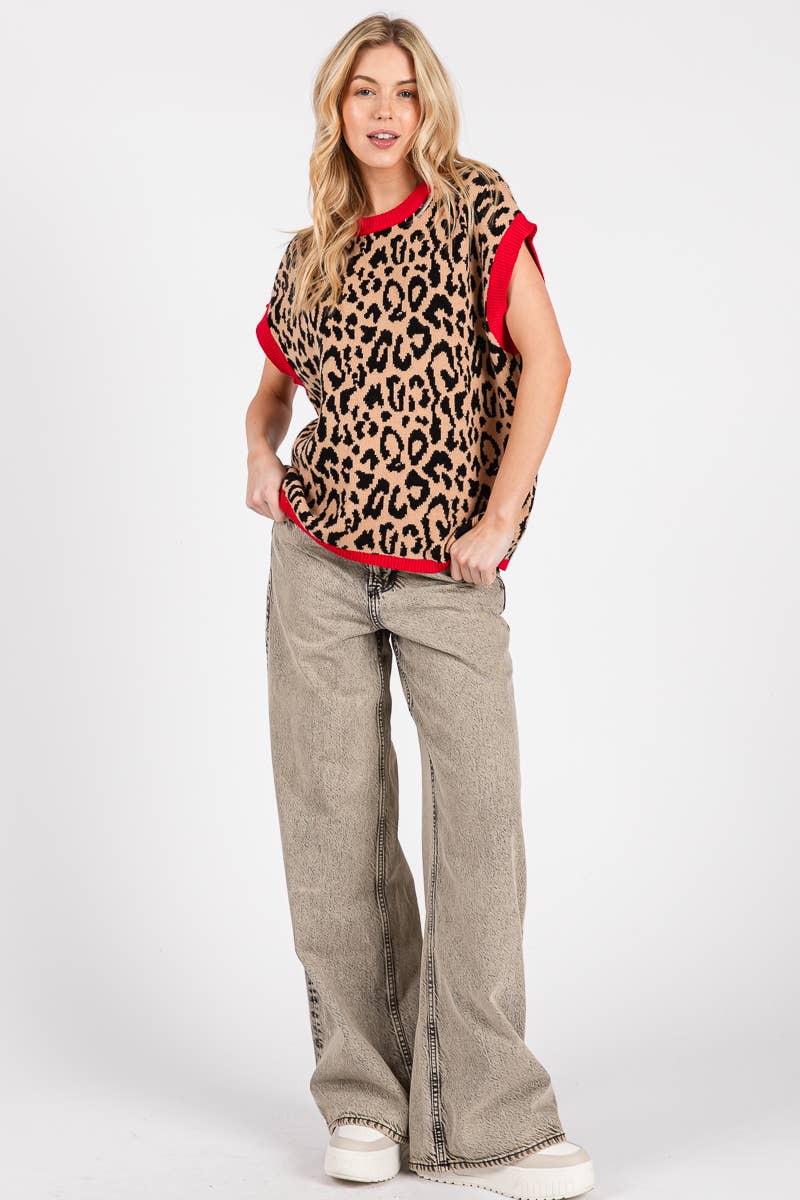 LEOPARD PRINT SLEEVELESS KNIT SWEATER VEST