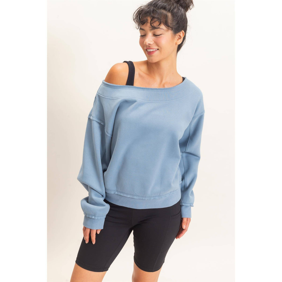 Off The Shoulder Sweatshirt: DUSTY BLUE