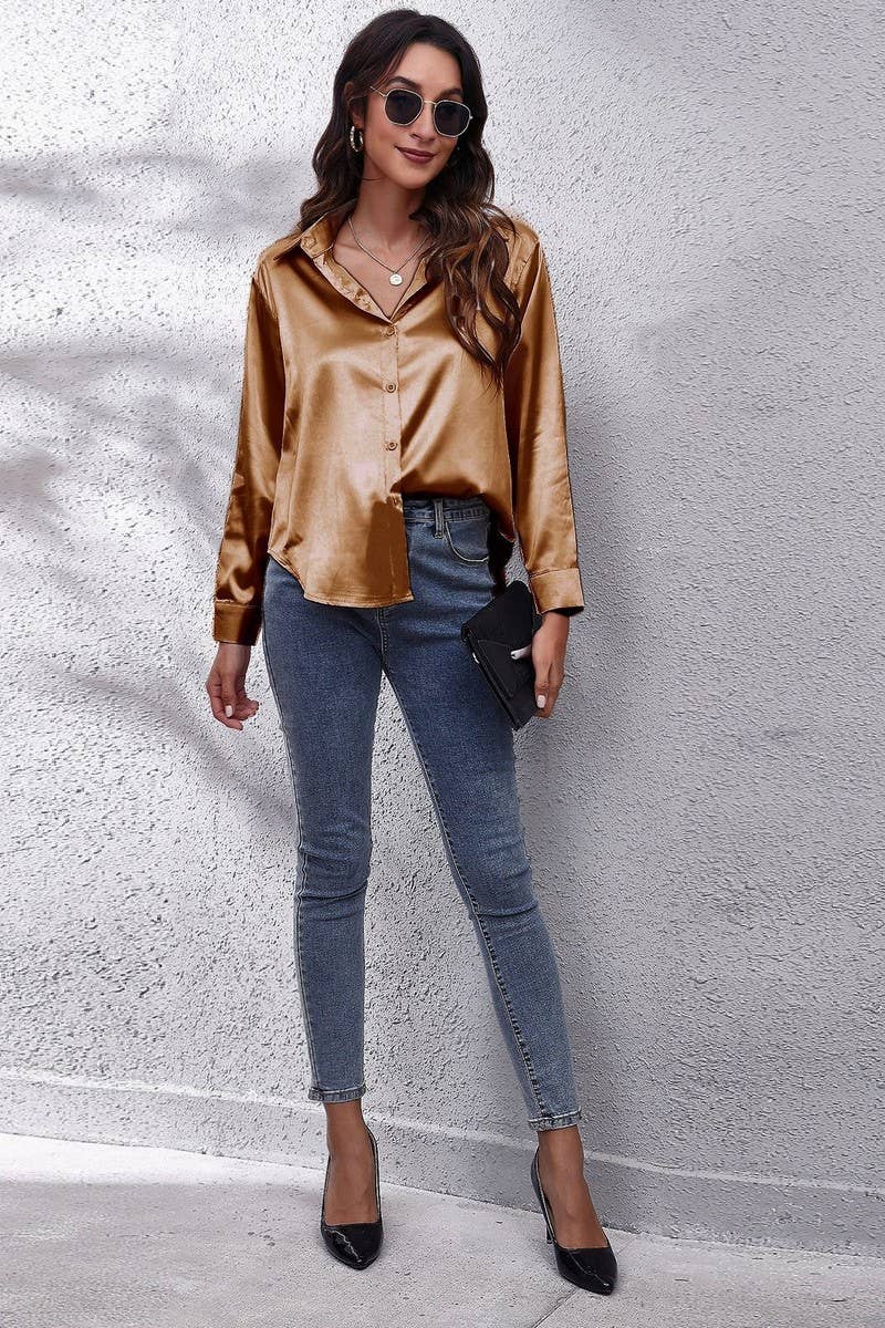 Button Down Satin Long Sleeve Top: White