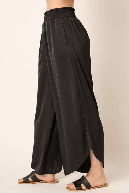 SATIN SMOCKED WAIST WIDE LEG PANTS