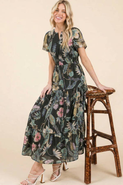 Floral Print Tiered Maxi Dress: Black