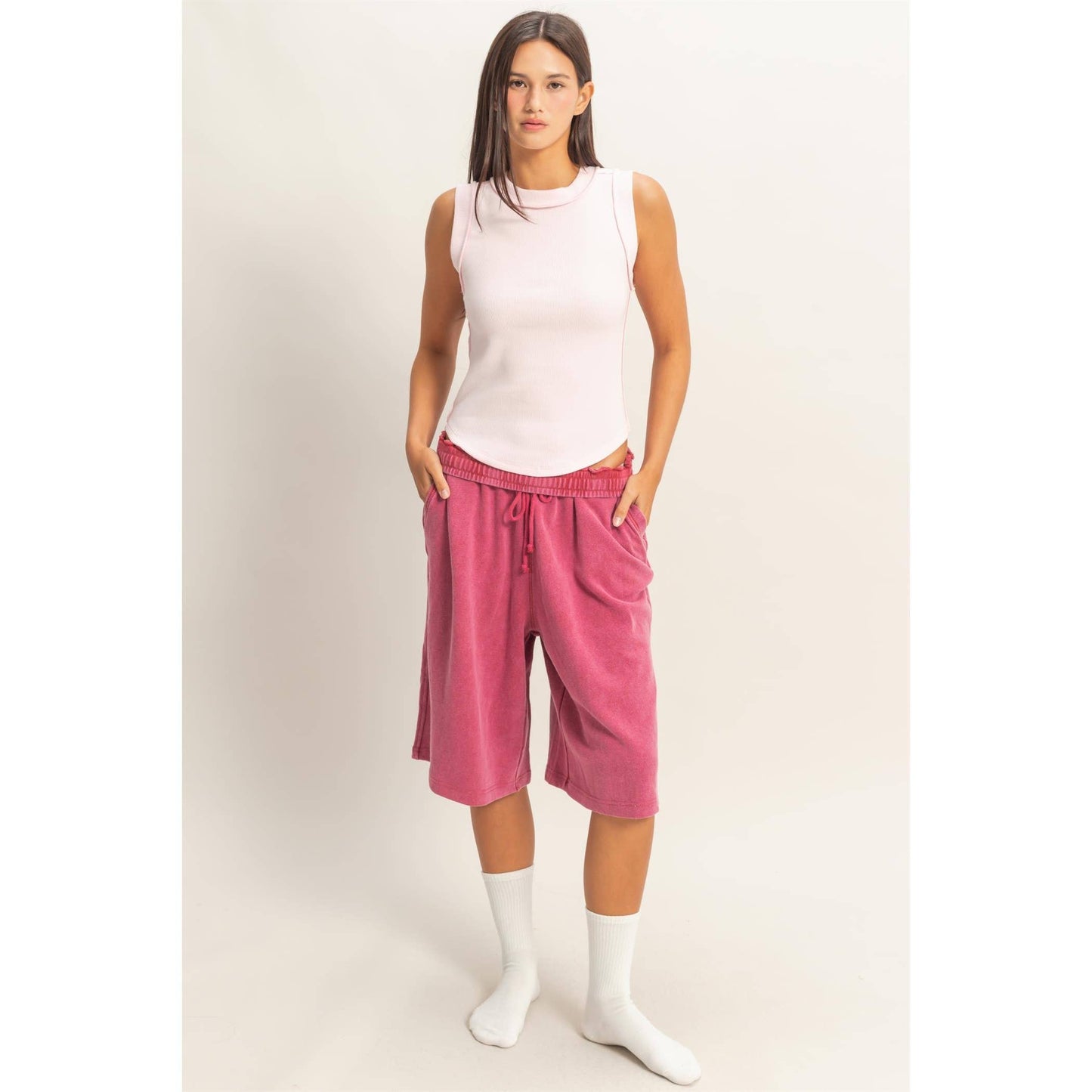 French Terry Bermuda Shorts: DARK RED