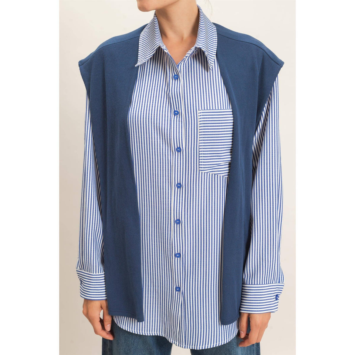 Striped Button-Up Shirt With Faux Tie: NAVY