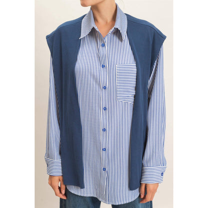 Striped Button-Up Shirt With Faux Tie: NAVY