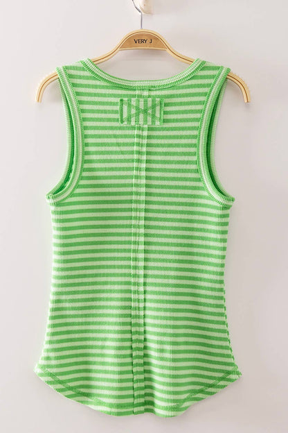 Striped Button Down Fitted Knit Tank Top: BRIGHT GREEN