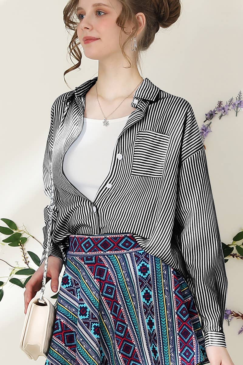 Striped Button Down Long Sleeve: BLACKWHITE