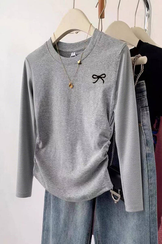 GREY LONG-SLEEVED ROUCHED BOW TOP