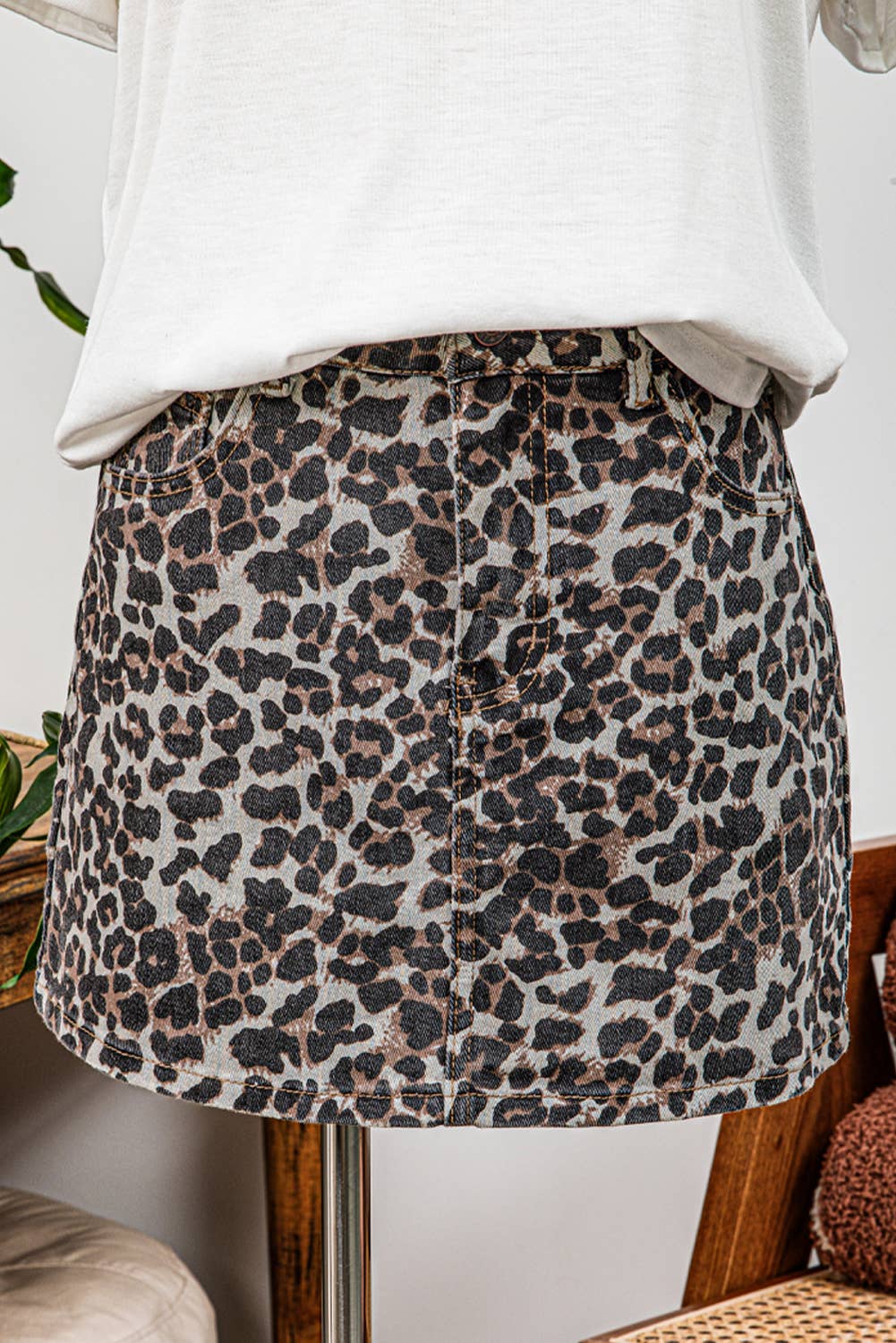 Leopard Denim Mini Skirt