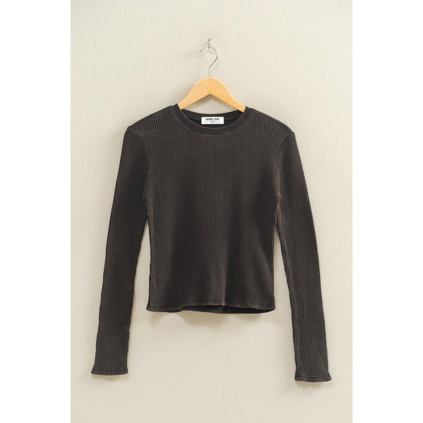 Mineral Wash Waffle Knit Long Sleeve Top: BLACK
