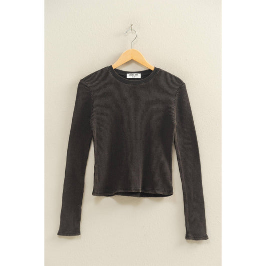 Mineral Wash Waffle Knit Long Sleeve Top: BLACK