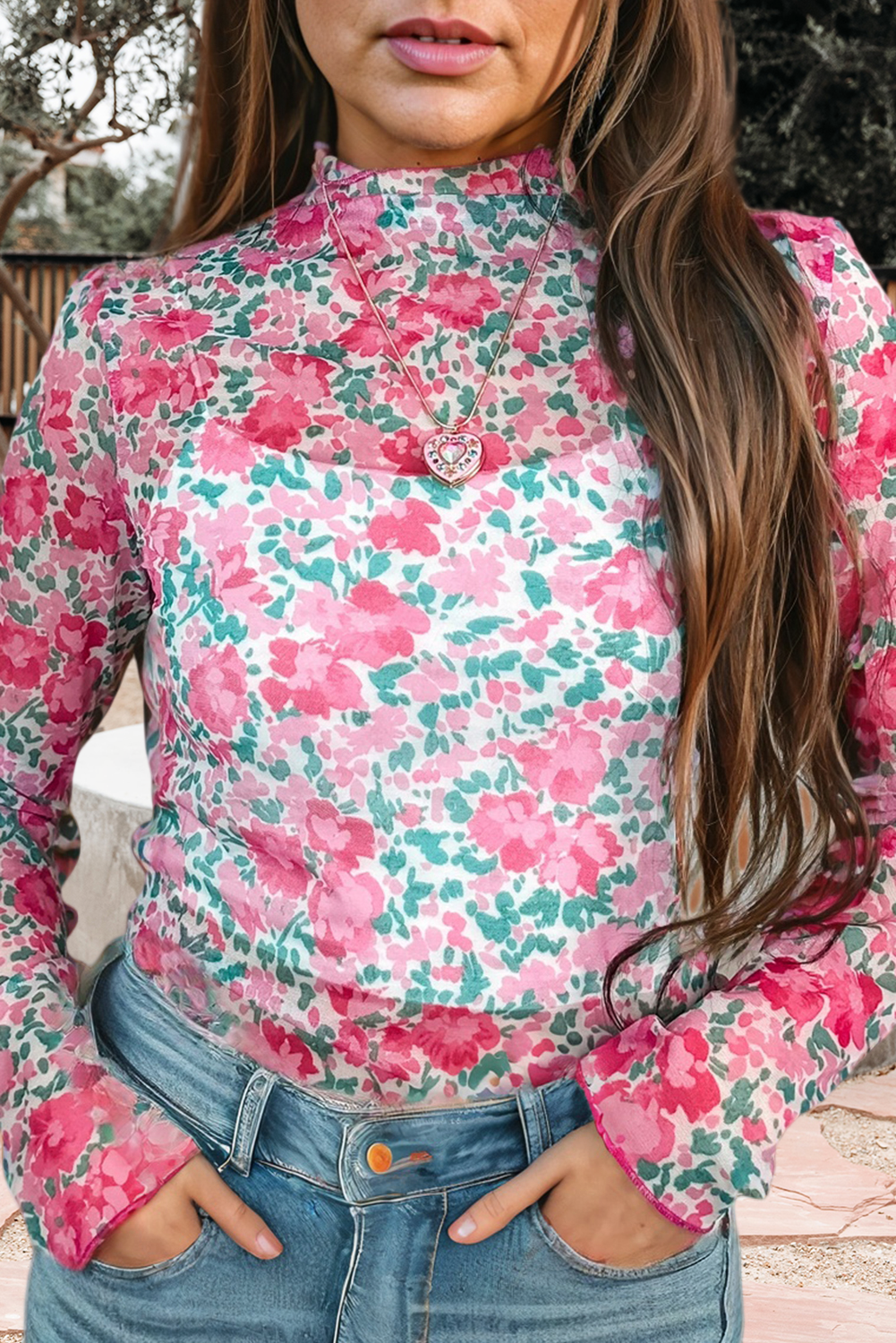 Floral Mesh Mock Neck Top: Pink