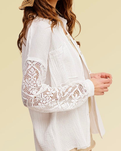 Crochet Trim Gauze Button Down