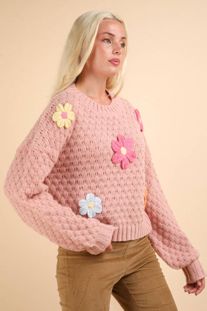 Hand Made Flower Applique Knit Sweater