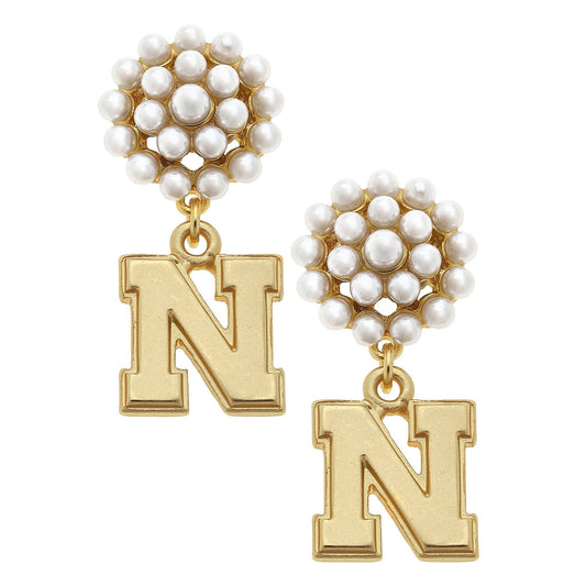 Nebraska Cornhuskers Pearl Cluster 24K Gold Plated Logo Earrings
