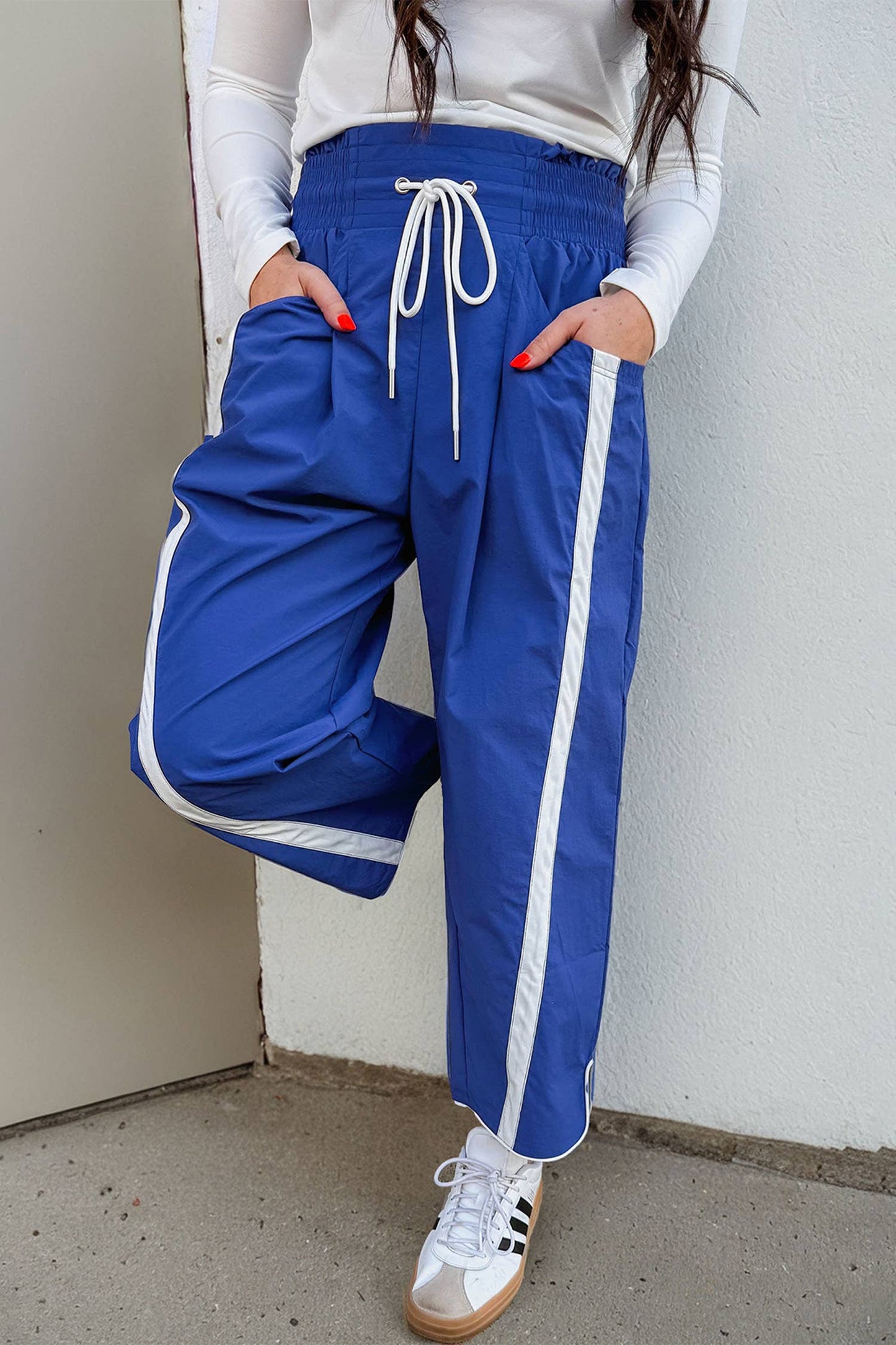 Striped Elastic Waist Cropped Drawstring Pants: Dark Blue