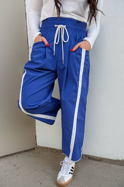 Striped Elastic Waist Cropped Drawstring Pants: Dark Blue