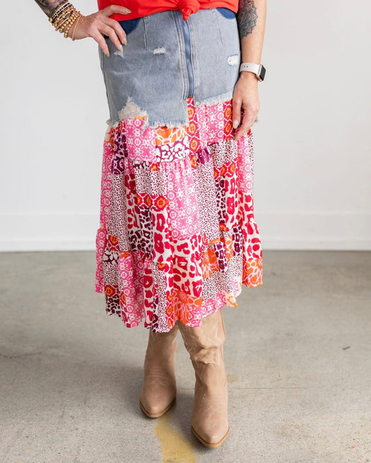 Printed Denim Floral Skirt