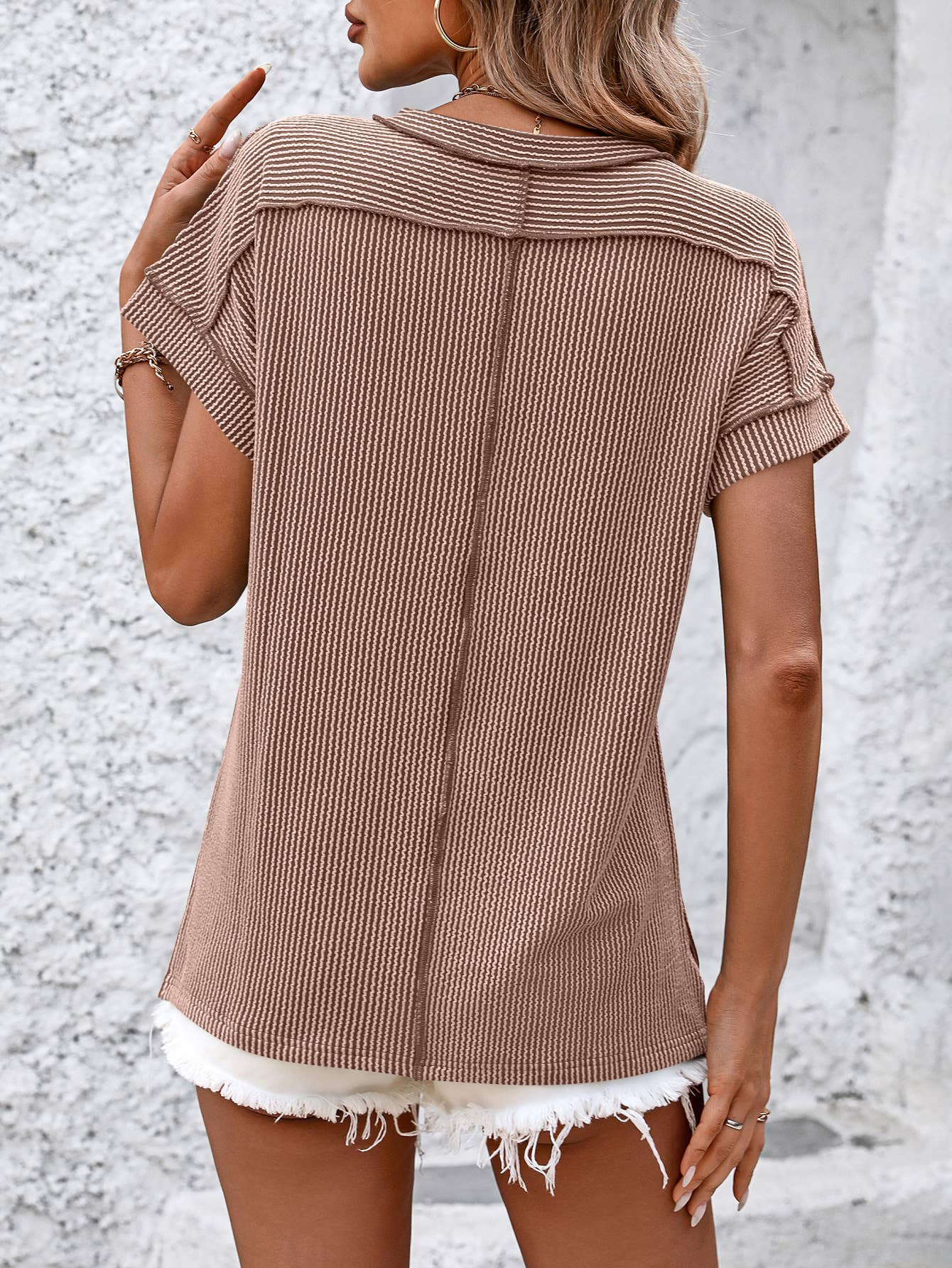 Textured Short Sleeve Top: Mocha