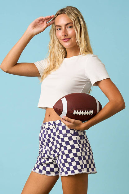 GAME DAY CHECKERED FRAYED HEM CASUAL SHORTS: BLACK