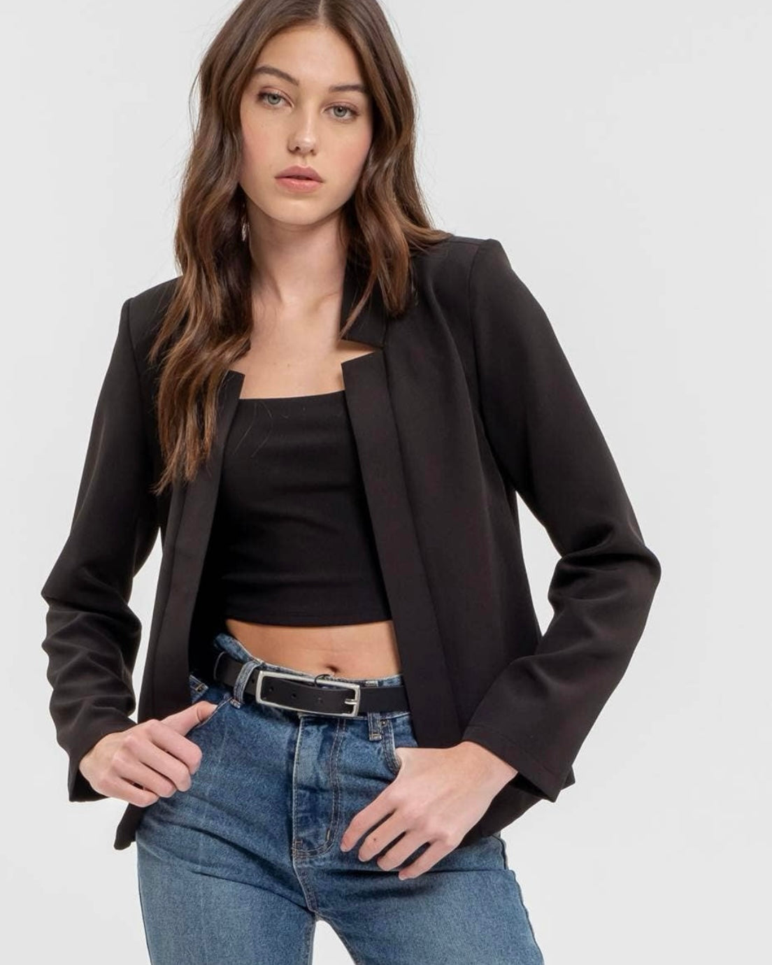 NOTCH COLLAR LONG SLEEVE BLAZER: BLACK