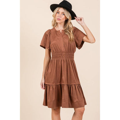 Smocked Waist Short Sleeve Dress: Mocha