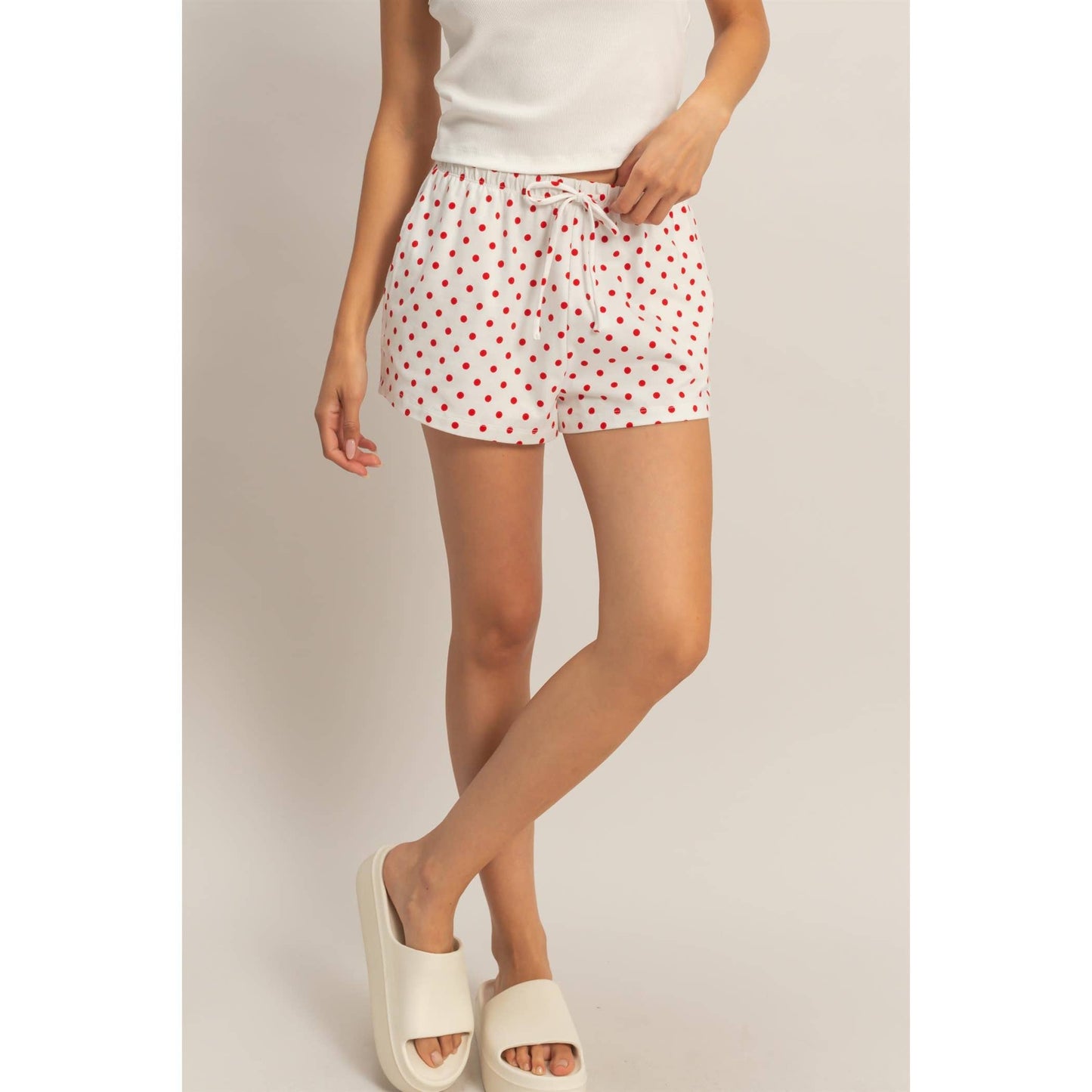 Polka Dot Drawstring Shorts: RED