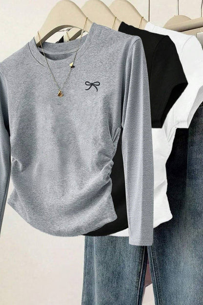 GREY LONG-SLEEVED ROUCHED BOW TOP