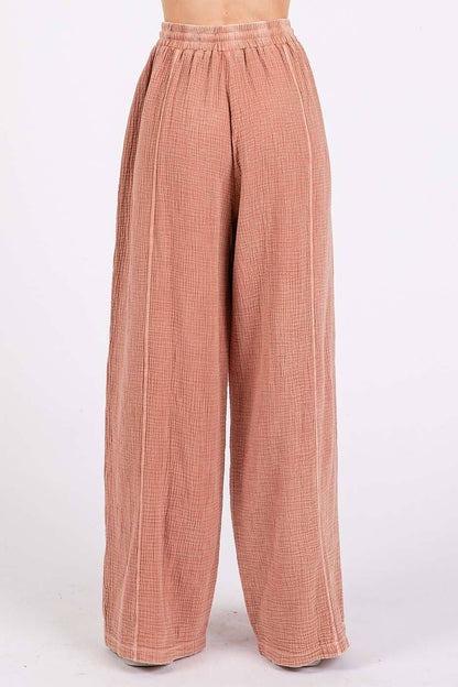 Lace Detail Elastic Waist Gauze Pants