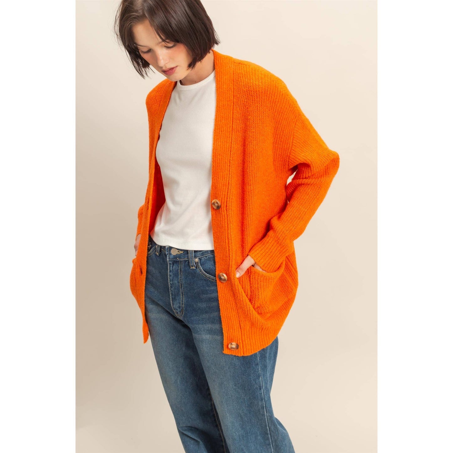 Oversized Cardigan With Front Pockets: ORANGE