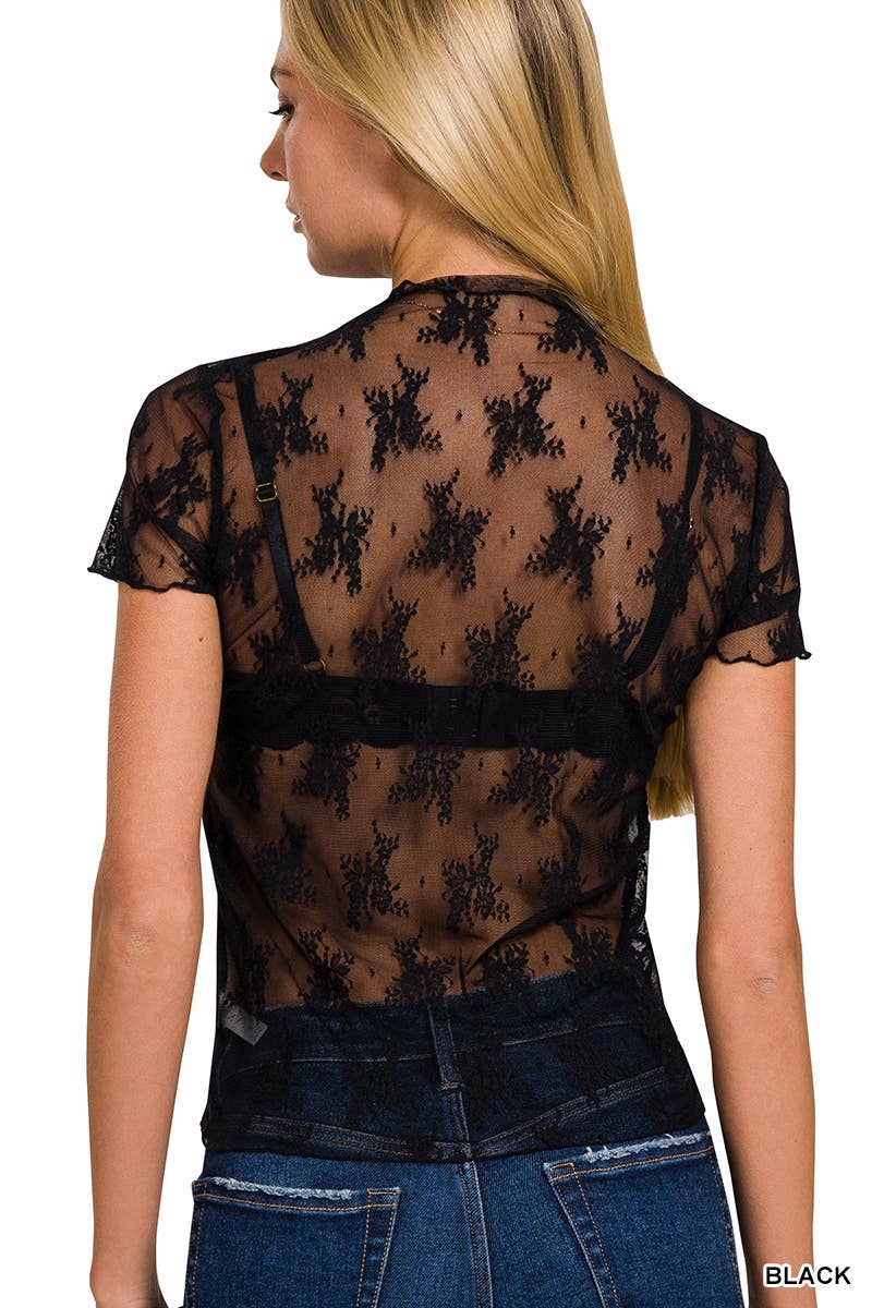 Lace Mesh Short Sleeve Top: BLACK