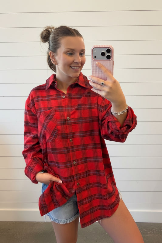 Loose Fit Soft Fabric Plaid Shirt (Red)