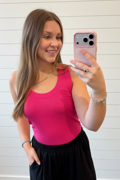 Ribbed Scoop Neck Tank: HOT PINK