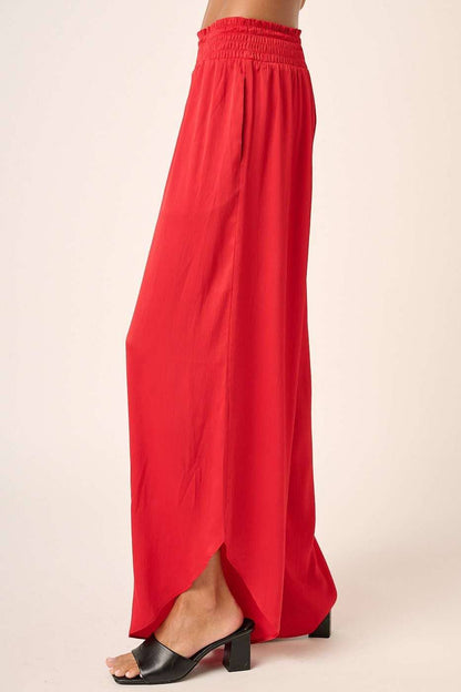 SATIN SMOCKED WAIST WIDE LEG PANTS
