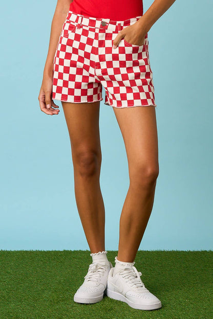 GAME DAY CHECKERED FRAYED HEM CASUAL SHORTS: RED