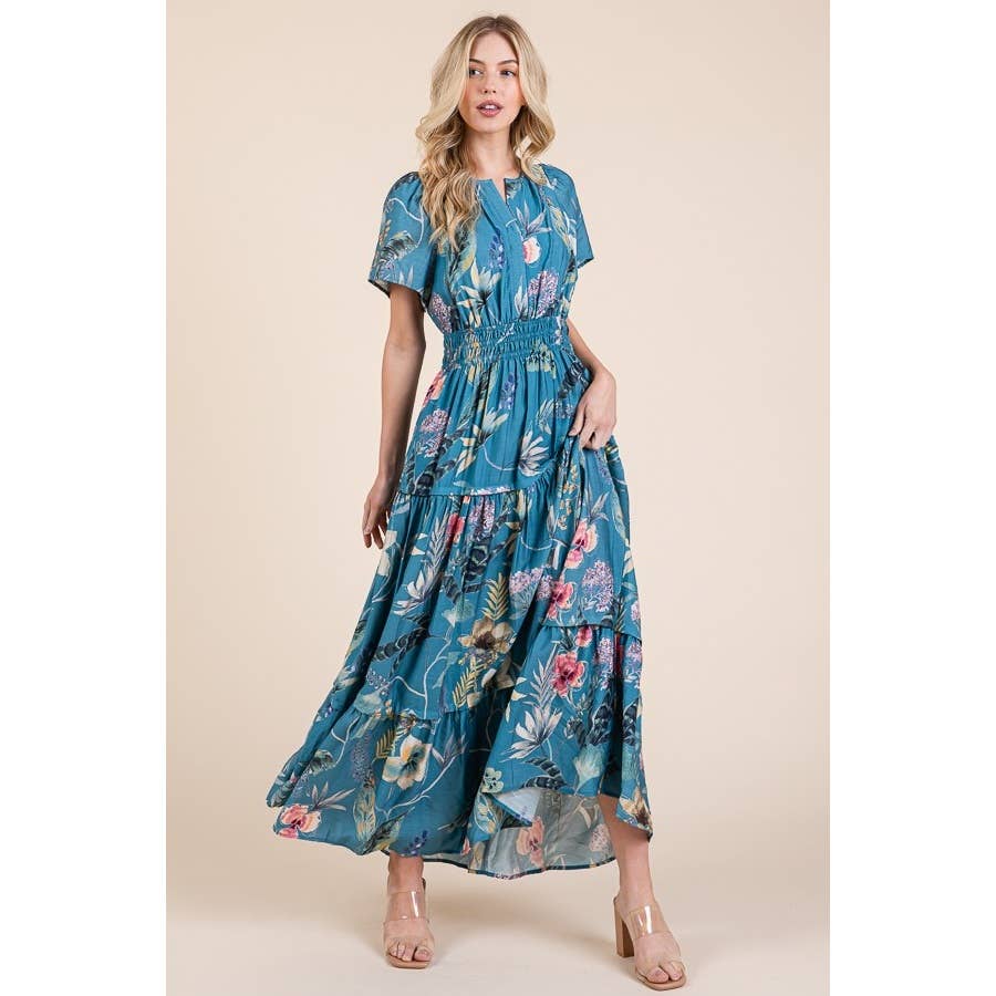 Floral Print Split Neck Tiered Maxi Dress: BLUE COMBO
