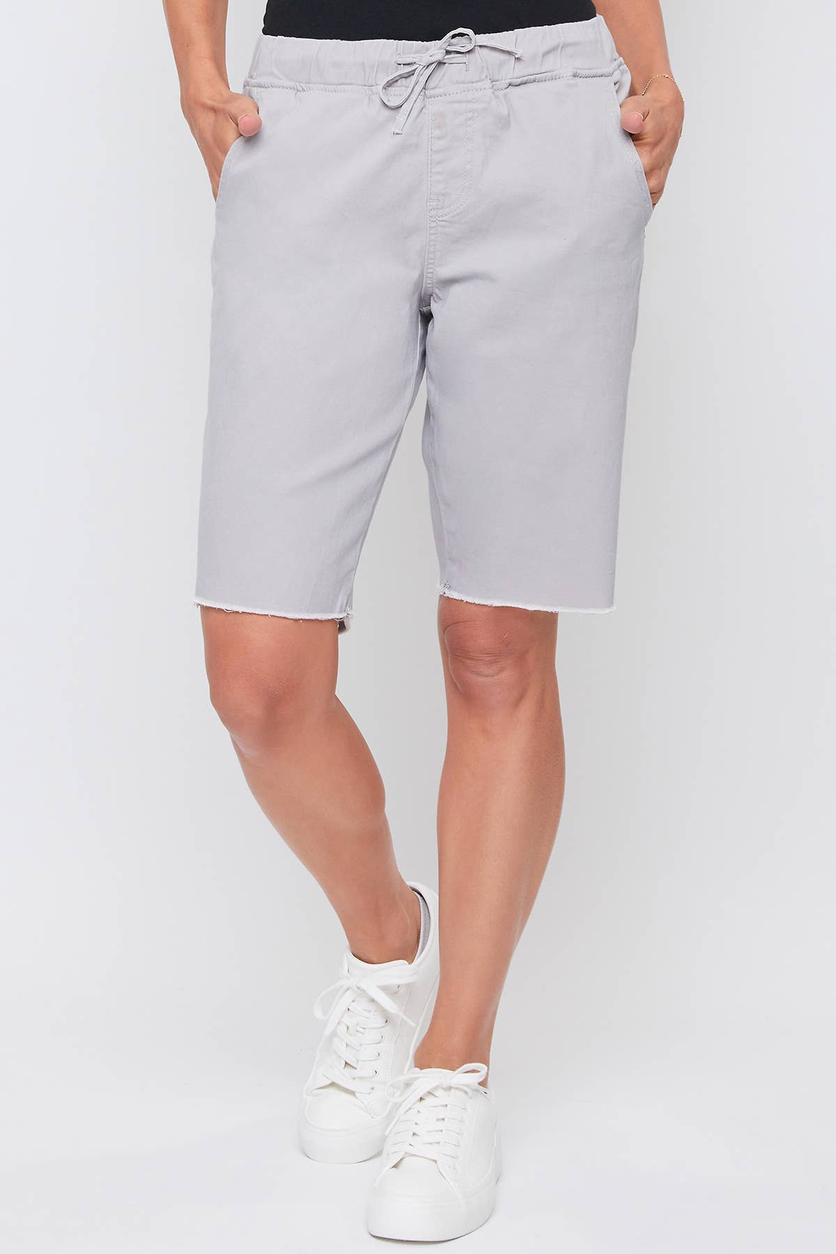 Drawstring Waist Bermuda With Fray Hem-Grey