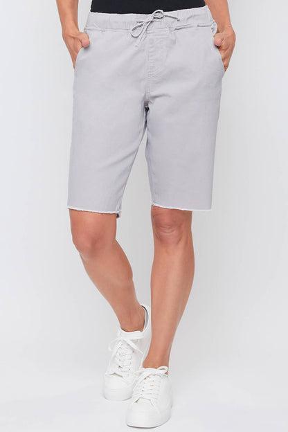 Drawstring Waist Bermuda With Fray Hem-Grey