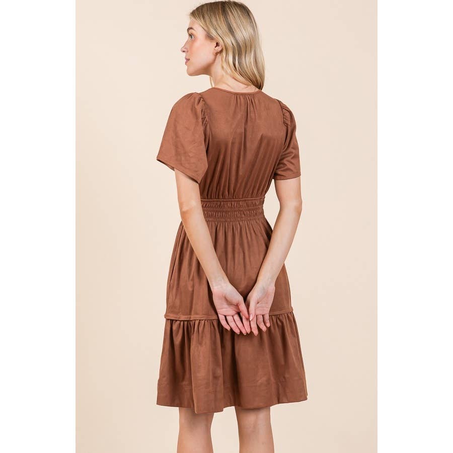 Smocked Waist Short Sleeve Dress: Mocha