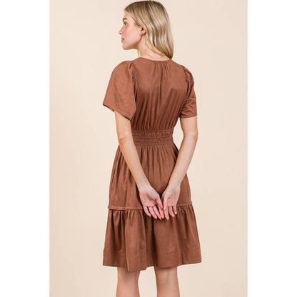 Smocked Waist Short Sleeve Dress: Mocha