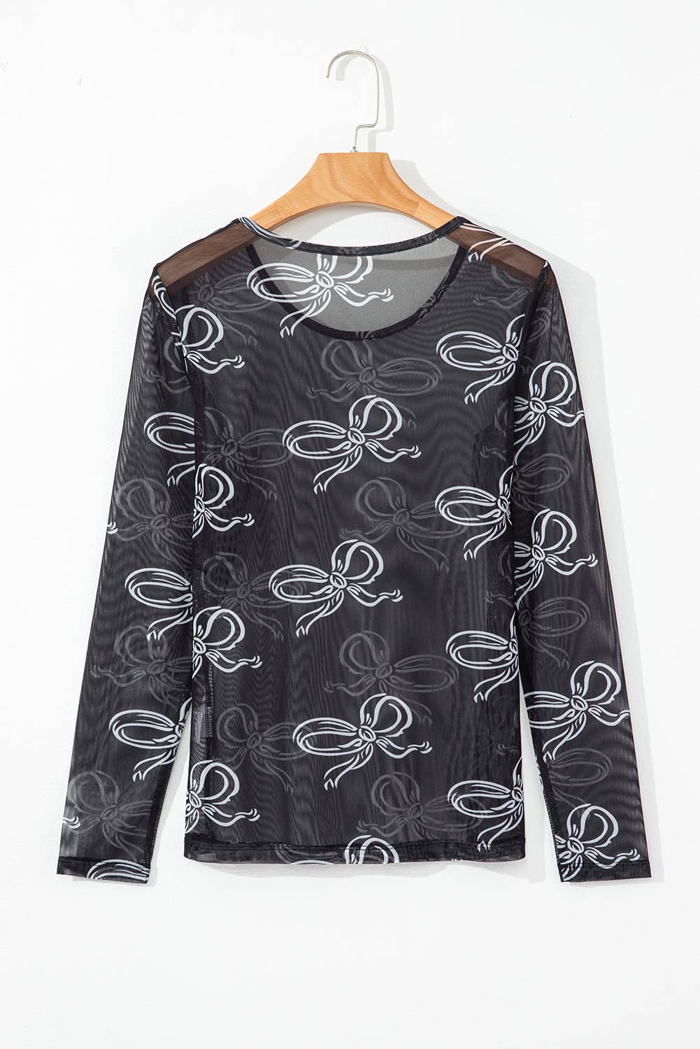Bow Print Long Sleeve Mesh Top