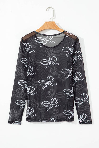 Bow Print Long Sleeve Mesh Top