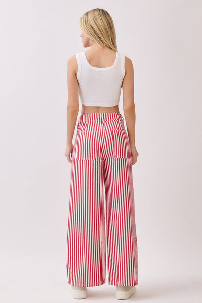 Lightweight Twill Stripe Wide Leg Pants (RED)