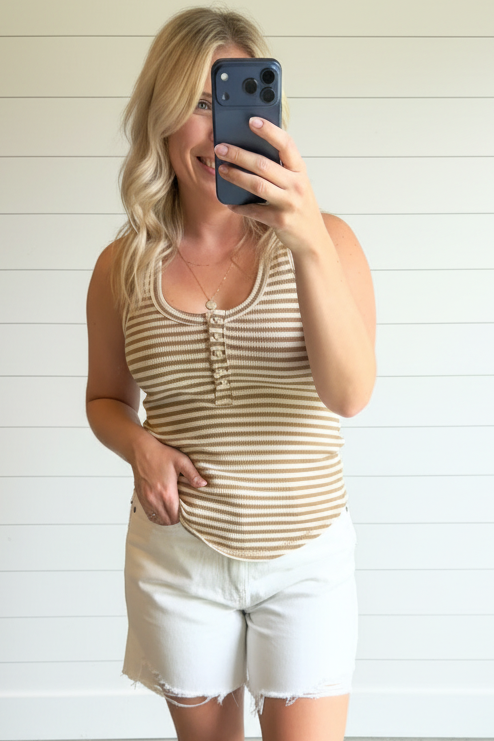 Striped Button Down Fitted Knit Tank Top: MOCHA STRIPE