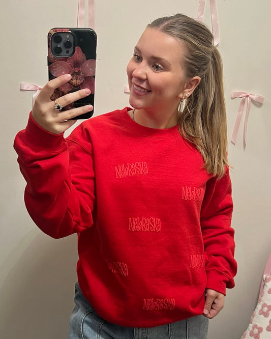 Nebraska All Over Puff Print Crewneck (Red)